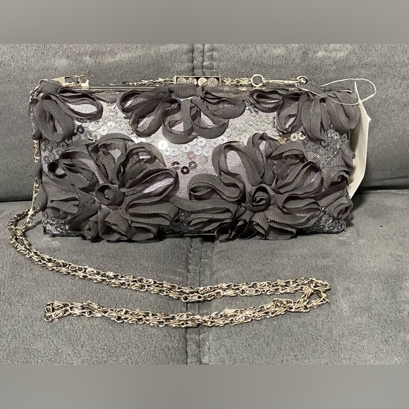 Versona Handbags - Versona Gray/Silver Floral Sequin Clutch Bag Removable Straps NWT